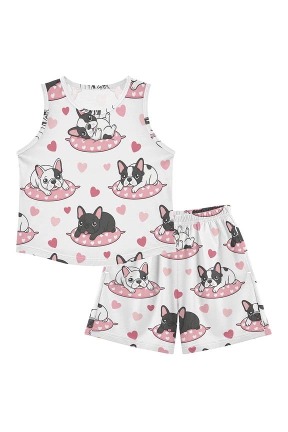 DALAWU Cute French Bulldogs Pink For Ultra-Soft Pajama Breathable Sleeveless Loungewear Set Elastic Waist for All-Day Comfort