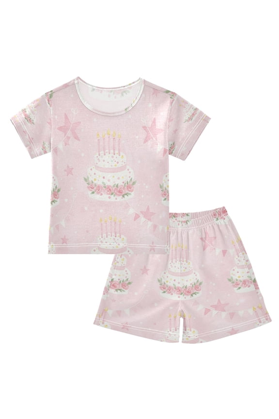 Cute Pink Birthday Cake Cotton Short Sleeve Pajama Set Breathable
