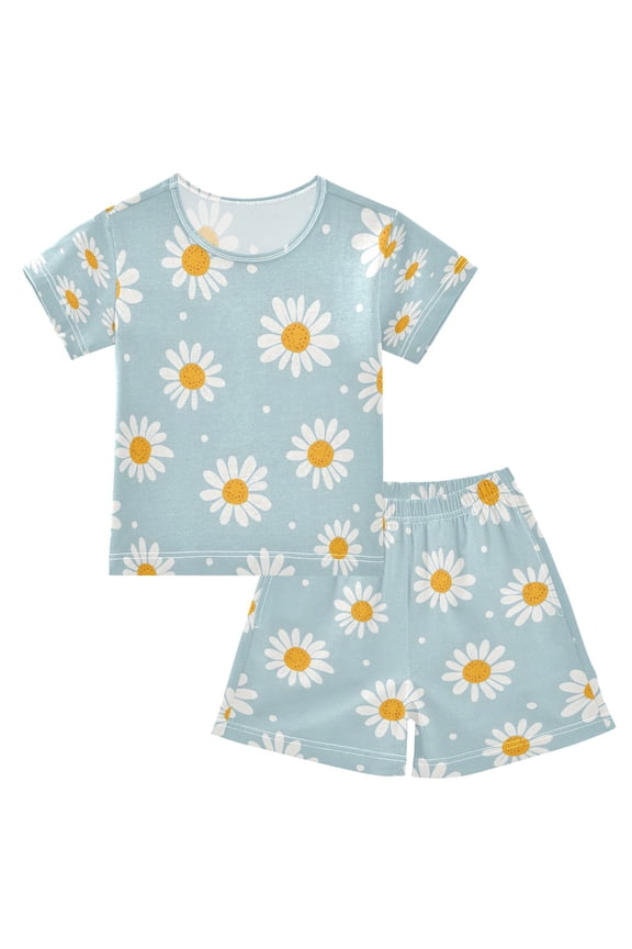 Daisy White Dots Pattern Cotton Short Sleeve Pajama Set Breathable