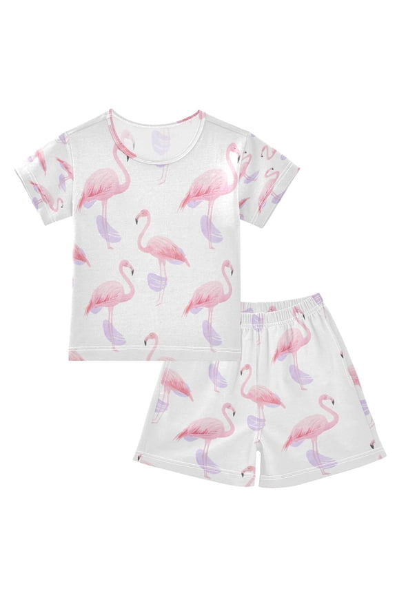 Flamingo White Background Pattern Cotton Short Sleeve Pajama Set Breathable
