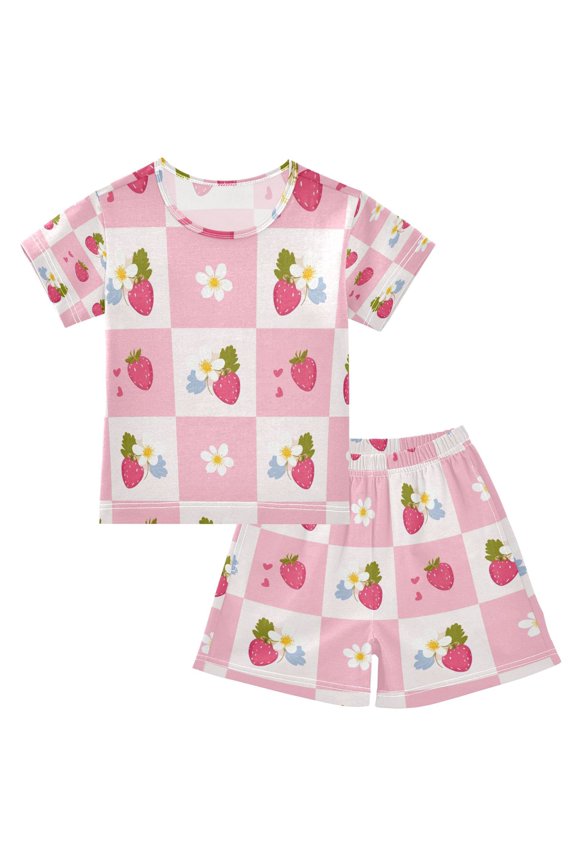 Flower Plaid Strawberry Pattern Cotton Short Sleeve Pajama Set Breathable