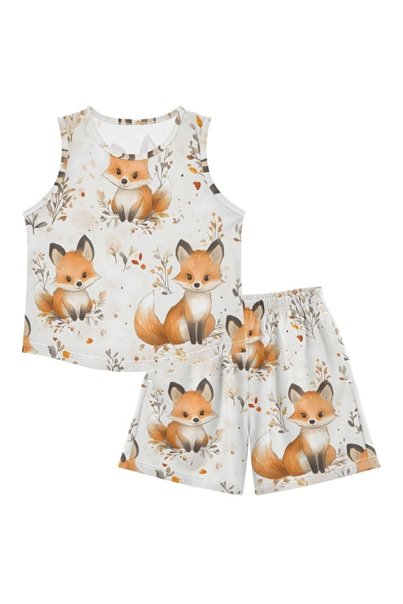 DALAWU Fox Flower Pattern For Ultra-Soft Pajama Breathable Sleeveless Loungewear Set Elastic Waist for All-Day Comfort