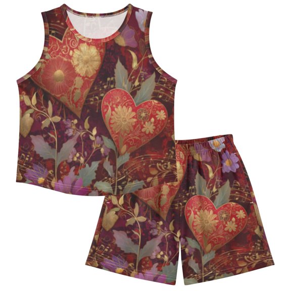 DALAWU Gilded Ruby Heartscape For Ultra-Soft Pajama Breathable Sleeveless Loungewear Set Elastic Waist for All-Day Comfort