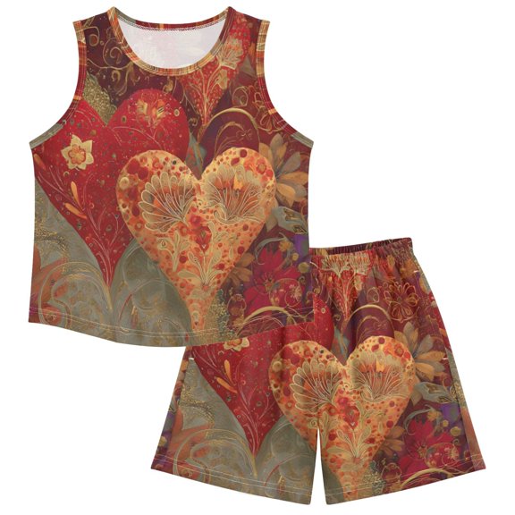 DALAWU Gilded Ruby Heartscape For Ultra-Soft Pajama Breathable Sleeveless Loungewear Set Elastic Waist for All-Day Comfort