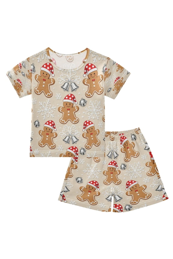 Gingerbread Man Snowflake Bell Pattern Cotton Short Sleeve Pajama Set Breathable