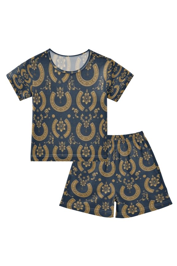 Gold Horseshoe Pattern Cotton Short Sleeve Pajama Set Breathable