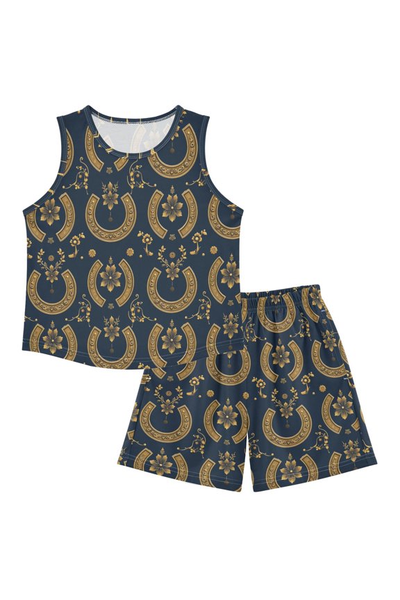 DALAWU Gold Horseshoe Pattern For Ultra-Soft Pajama Breathable Sleeveless Loungewear Set Elastic Waist for All-Day Comfort
