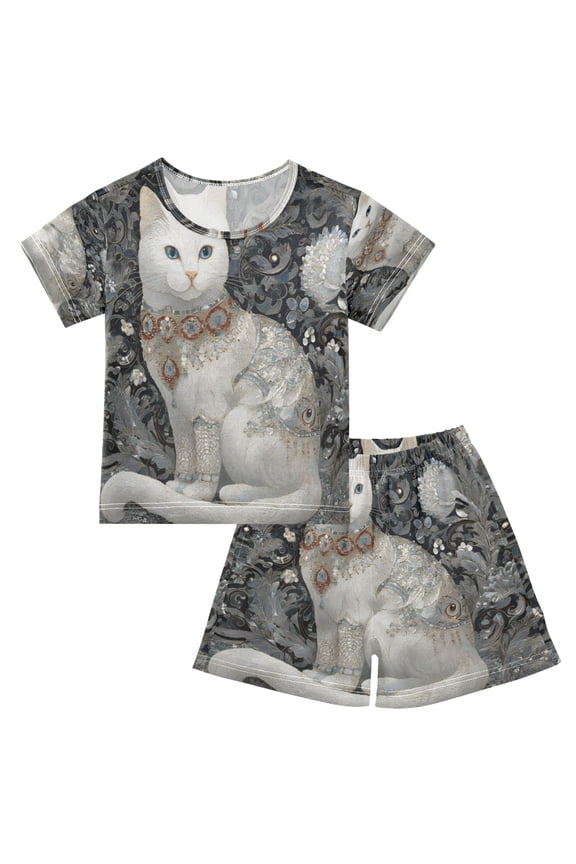 Gothic Botanical Feline Cotton Short Sleeve Pajama Set Breathable
