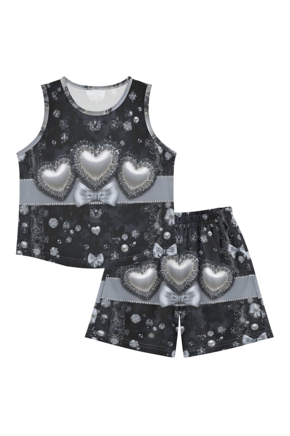 DALAWU Gothic Pearl Hearts For Ultra-Soft Pajama Breathable Sleeveless Loungewear Set Elastic Waist for All-Day Comfort