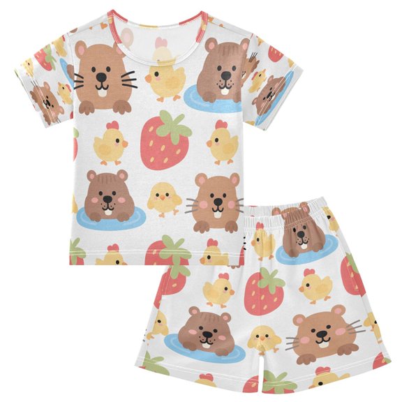 DALAWU Guinea Pig Chicken Pattern Cotton Short Sleeve Pajama Set Breathable