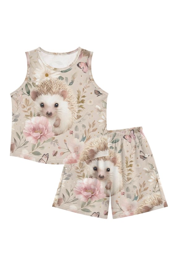DALAWU Hedgehogs Pattern For Ultra-Soft Pajama Breathable Sleeveless Loungewear Set Elastic Waist for All-Day Comfort
