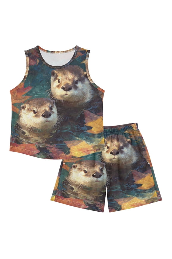 DALAWU Impressionist Otter Reverie For Ultra-Soft Pajama Breathable Sleeveless Loungewear Set Elastic Waist for All-Day Comfort