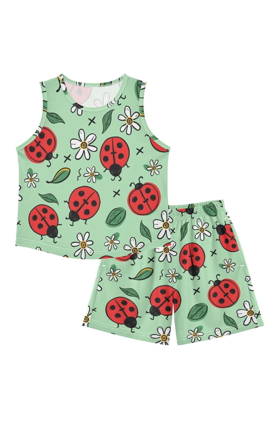 DALAWU Ladybug Flower Pattern For Ultra-Soft Pajama Breathable Sleeveless Loungewear Set Elastic Waist for All-Day Comfort