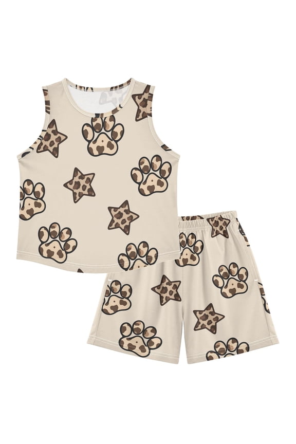 DALAWU Leopard Paw Prints For Ultra-Soft Pajama Breathable Sleeveless Loungewear Set Elastic Waist for All-Day Comfort