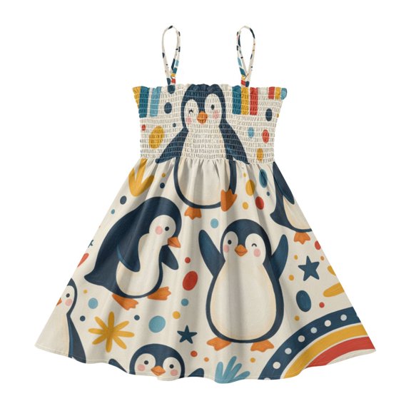 DALAWU Lightweight -101-penguins Smocked Sundress Adjustable Strap Flowy A-Line Summer Dress