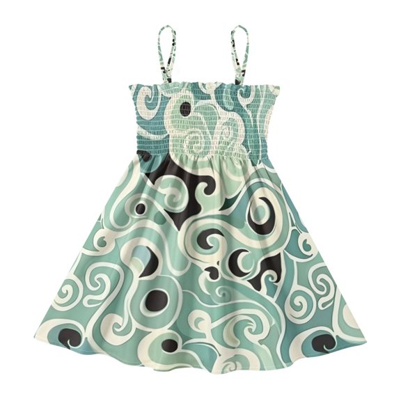 DALAWU Lightweight Abstract Smocked Sundress Adjustable Strap Flowy A-Line Summer Dress