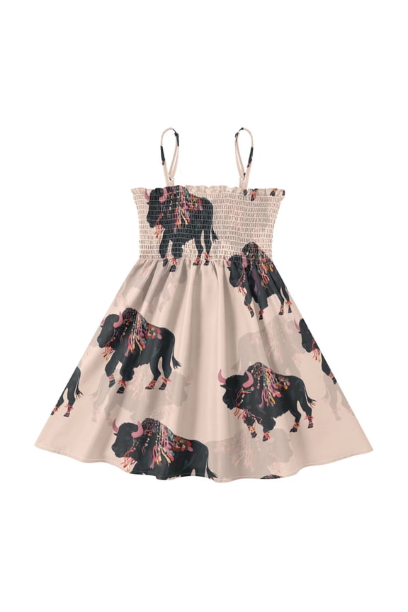 Lightweight Alpine Yak Seamless Pattern Smocked Sundress Adjustable Strap Flowy A-Line Summer Dress