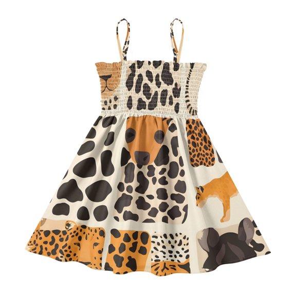 DALAWU Lightweight Animal Skins. Leopard Zebra Tiger Smocked Sundress Adjustable Strap Flowy A-Line Summer Dress