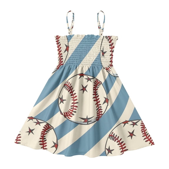 DALAWU Lightweight Baseball Balls Star Blue Stipes Smocked Sundress Adjustable Strap Flowy A-Line Summer Dress