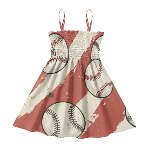 DALAWU Lightweight Baseball Red Strips Smocked Sundress Adjustable Strap Flowy A-Line Summer Dress