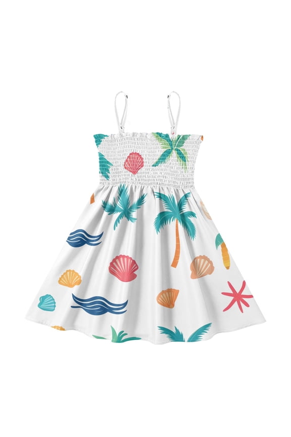 Lightweight Beach Palm Trees Sea Shells Pattern Smocked Sundress Adjustable Strap Flowy A-Line Summer Dress