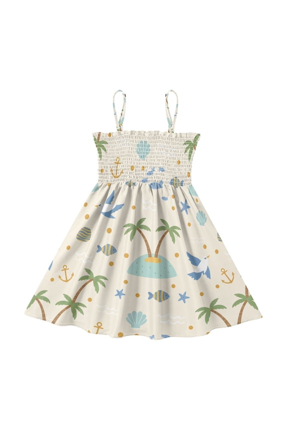 Lightweight Beach Pattern Smocked Sundress Adjustable Strap Flowy A-Line Summer Dress