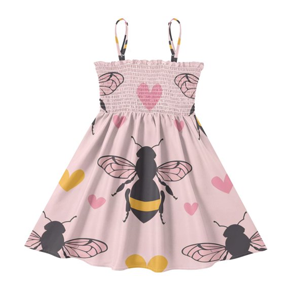 DALAWU Lightweight Bee and Yellow Heart Smocked Sundress Adjustable Strap Flowy A-Line Summer Dress