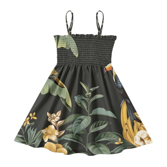 DALAWU Lightweight Bird Smocked Sundress Adjustable Strap Flowy A-Line Summer Dress