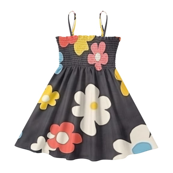 DALAWU Lightweight Black Flower Smocked Sundress Adjustable Strap Flowy A-Line Summer Dress