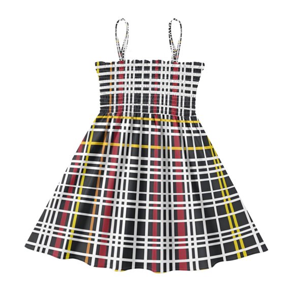 DALAWU Lightweight Black Red Yellow Plaid Pattern Smocked Sundress Adjustable Strap Flowy A-Line Summer Dress