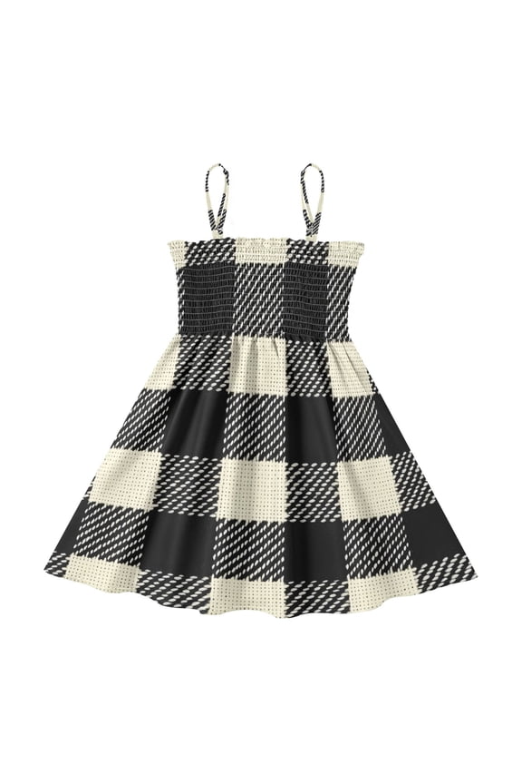 Lightweight Black White Gingham Pattern Smocked Sundress Adjustable Strap Flowy A-Line Summer Dress