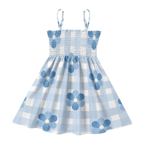 DALAWU Lightweight Blue Flowers Gingham Smocked Sundress Adjustable Strap Flowy A-Line Summer Dress