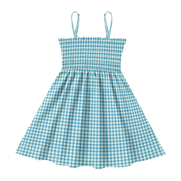DALAWU Lightweight Blue Gingham Pattern Smocked Sundress Adjustable Strap Flowy A-Line Summer Dress
