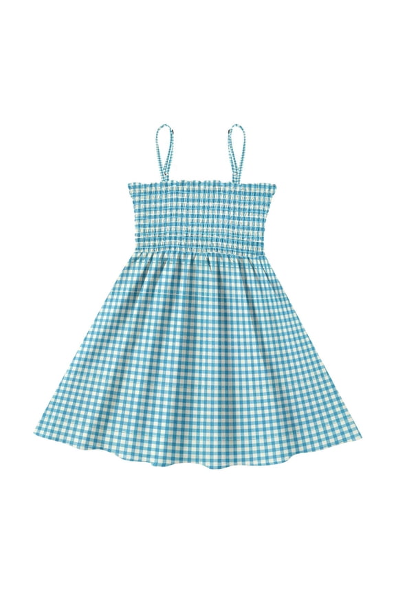 Lightweight Blue Gingham Pattern Smocked Sundress Adjustable Strap Flowy A-Line Summer Dress