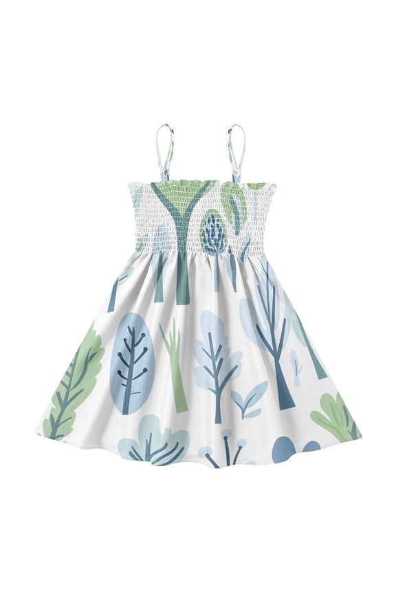 Lightweight Blue Green Tree Pattern Smocked Sundress Adjustable Strap Flowy A-Line Summer Dress