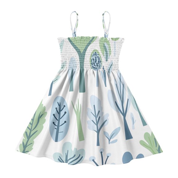 DALAWU Lightweight Blue Green Tree Pattern Smocked Sundress Adjustable Strap Flowy A-Line Summer Dress
