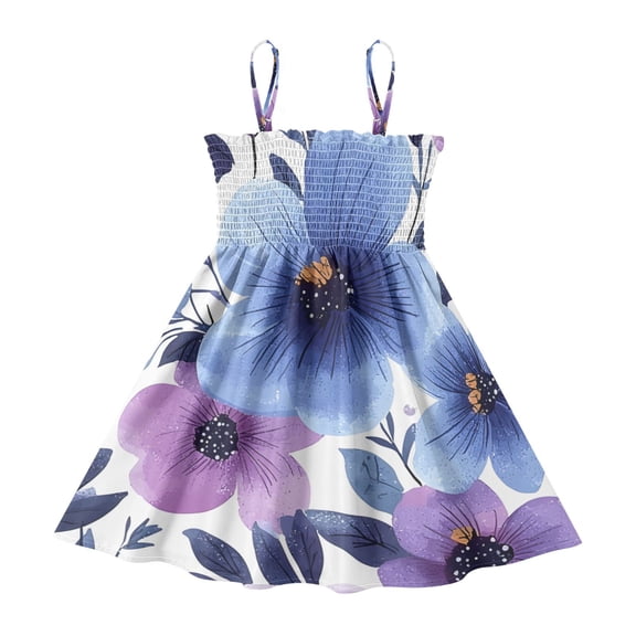 DALAWU Lightweight Blue Purple Floral Pattern Smocked Sundress Adjustable Strap Flowy A-Line Summer Dress