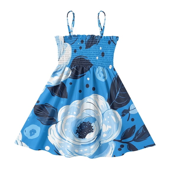 DALAWU Lightweight Blue White Floral Dots Pattern Smocked Sundress Adjustable Strap Flowy A-Line Summer Dress