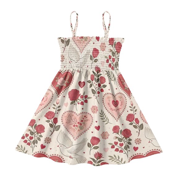 DALAWU Lightweight Blush Heart Tapestry Smocked Sundress Adjustable Strap Flowy A-Line Summer Dress