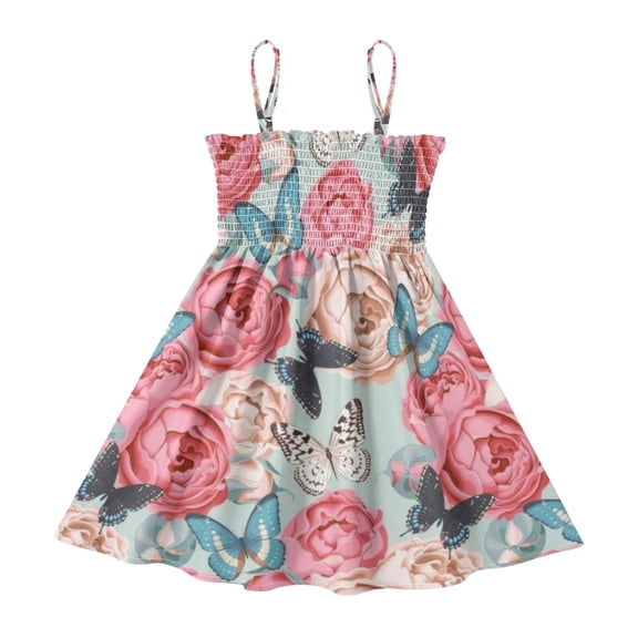 DALAWU Lightweight Blush Rose Tapestry Smocked Sundress Adjustable Strap Flowy A-Line Summer Dress