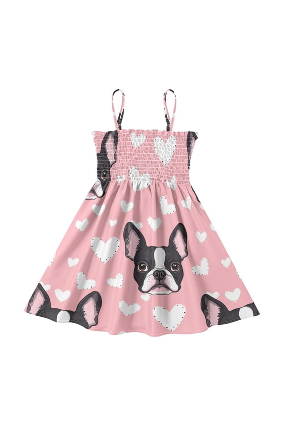 Lightweight Boston Terrier Dog Heart Pattern Smocked Sundress Adjustable Strap Flowy A-Line Summer Dress