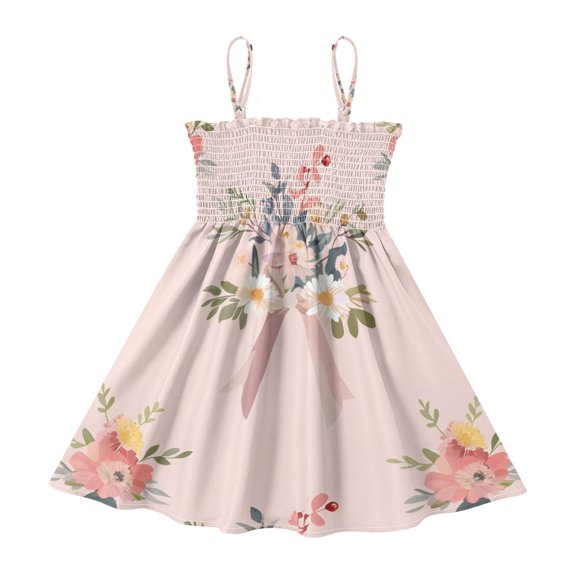 DALAWU Lightweight Bows and Flowers Pink Background Smocked Sundress Adjustable Strap Flowy A-Line Summer Dress