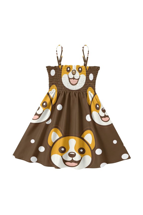 Lightweight Brown - Background Corgi Pattern Smocked Sundress Adjustable Strap Flowy A-Line Summer Dress