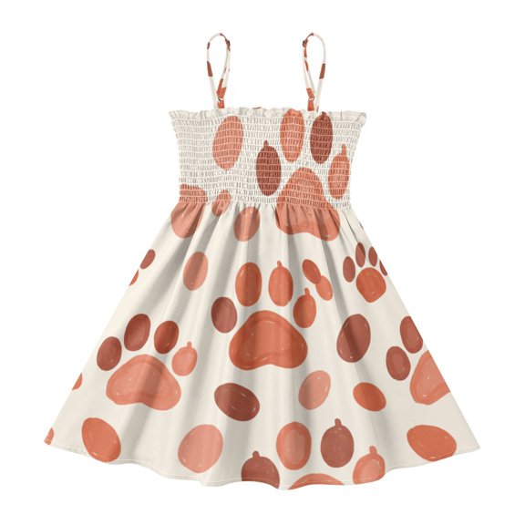 DALAWU Lightweight Brown Cat Paw Print Smocked Sundress Adjustable Strap Flowy A-Line Summer Dress