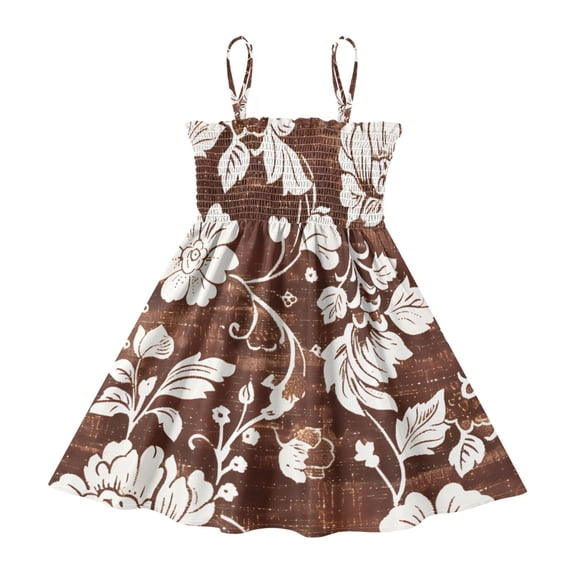 DALAWU Lightweight Brown and White Floral Print Fabric High Resolution Smocked Sundress Adjustable Strap Flowy A-Line Summer Dress