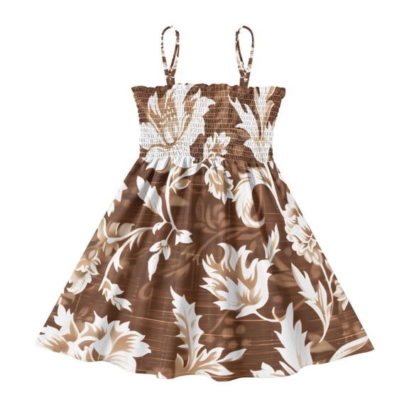 DALAWU Lightweight Brown and White Floral Seamless Smocked Sundress Adjustable Strap Flowy A-Line Summer Dress