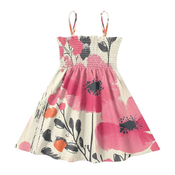DALAWU Lightweight Brushstroke Poppy Pattern Smocked Sundress Adjustable Strap Flowy A-Line Summer Dress