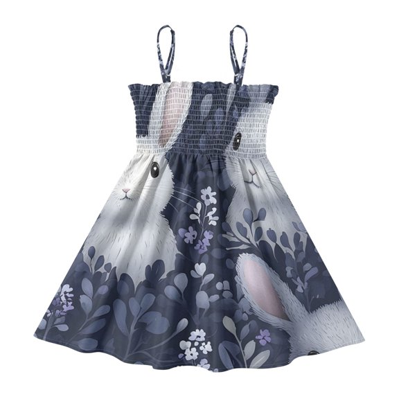 DALAWU Lightweight Bunnies in Lavender Pattern Smocked Sundress Adjustable Strap Flowy A-Line Summer Dress