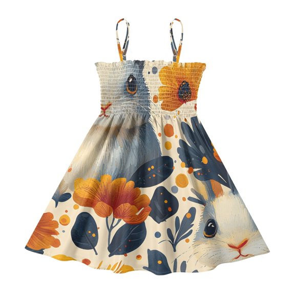 DALAWU Lightweight Bunny Flower Butterfly Pattern Smocked Sundress Adjustable Strap Flowy A-Line Summer Dress