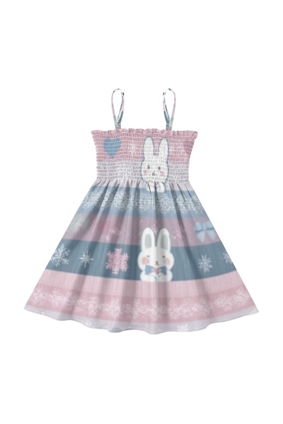 Lightweight Bunny Stripe Winter Smocked Sundress Adjustable Strap Flowy A-Line Summer Dress
